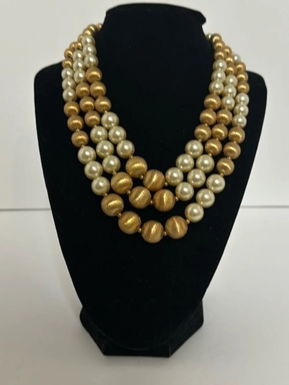 Vintage 1950’s Signed Napier 3 Strand Faux Pearl & Gold Tone Bead Necklace